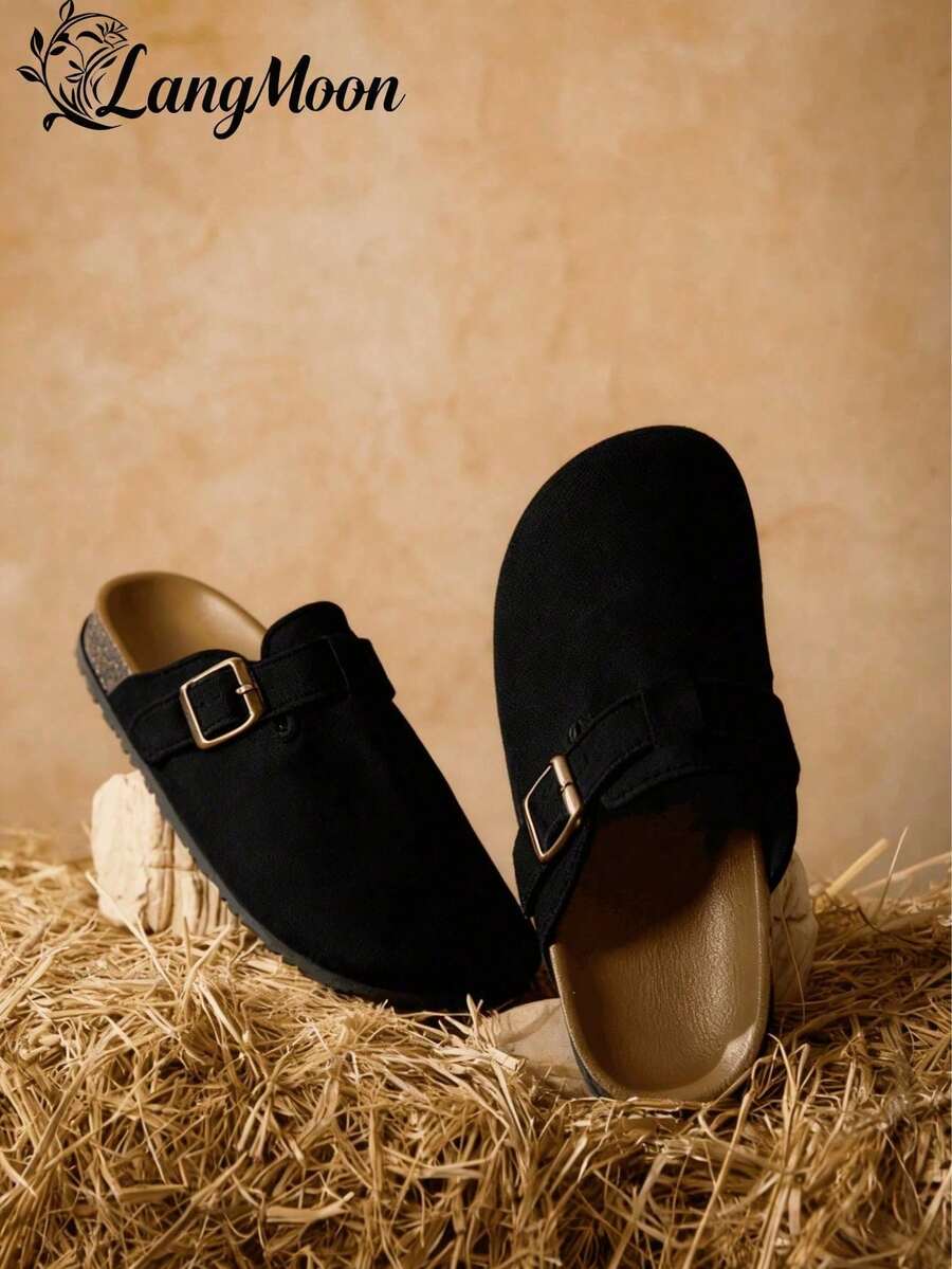 LangMoon 2026 Nouvelles sandales pour femmes à la mode, noires, ultra-légères, à semelle plate épaisse et souple, surface douce, augmentant la taille, chaussures à boucle avec bout fermé, sabots en bois, mules décontractées, semelle épaisse, légères et confortables