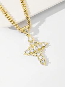 1件欧美经典铜镶嵌锆石十字架吊坠项链，限量版嘻哈风格守护之光，适合作为圣诞节/感恩节/万圣节/母亲节/情人节礼物送给情侣/朋友/教父母，也适合天主教初领圣体、日常及节日佩戴祈祷。 - 金黃色 - 查看 3