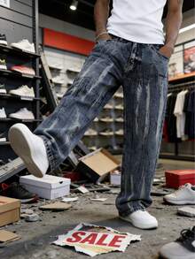 男士复古街头风宽松牛仔裤，舒适百搭新款 - 藍色 - 查看 6