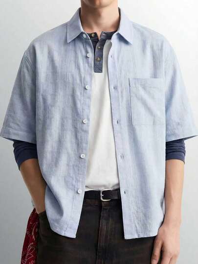 男士修身格子衬衫，浅蓝色格子衬衫，简约时尚短袖上衣，精致清爽，适合夏季穿着