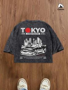 男士夏季街头时尚日系汽车图案方领T恤，微弹水洗黑色休闲日常方领T恤 - 黑色 - 查看 1