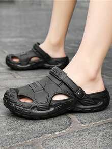 Men's Thick Sole Elevated Wear-Resistant EVA One-Piece Comfortable Slide Sandals, Solid Color Slip-On Backless Driving & Beach Sandals, Quick-Drying Comfortable Men's Closed Toe Beach Shoes - Black - View 6