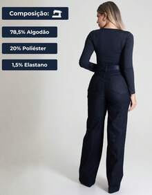 Calça Jeans Feminina Wide Leg Cintura Alta Sawary Original Escura Lycra Elastano Bolsos Confortável - Azul Marinho - Visão 3