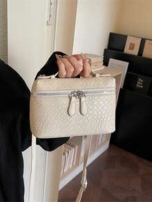 1pc Spring/Summer New PU Leather Woven Texture Square Handbag, Woven Design Dual-Zipper Closure, Fashion Minimalist Elegant Versatile Box Bag Suitable For Commuting, Office, Dating, Daily, Shopping - White - View 4