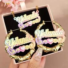 2pcs Customized Set, Includes Personalized Name Acrylic Earrings/Necklace, Suitable For Christmas, Y2K Rainbow Gradient DIY Round Earrings With Letter Tags, Creative English Letter Cuban Link Chain Necklace, New Year Gift - Multicolor - View 1