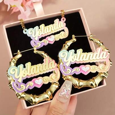 2pcs Customized Set, Includes Personalized Name Acrylic Earrings/Necklace, Suitable For Christmas, Y2K Rainbow Gradient DIY Round Earrings With Letter Tags, Creative English Letter Cuban Link Chain Necklace, New Year Gift