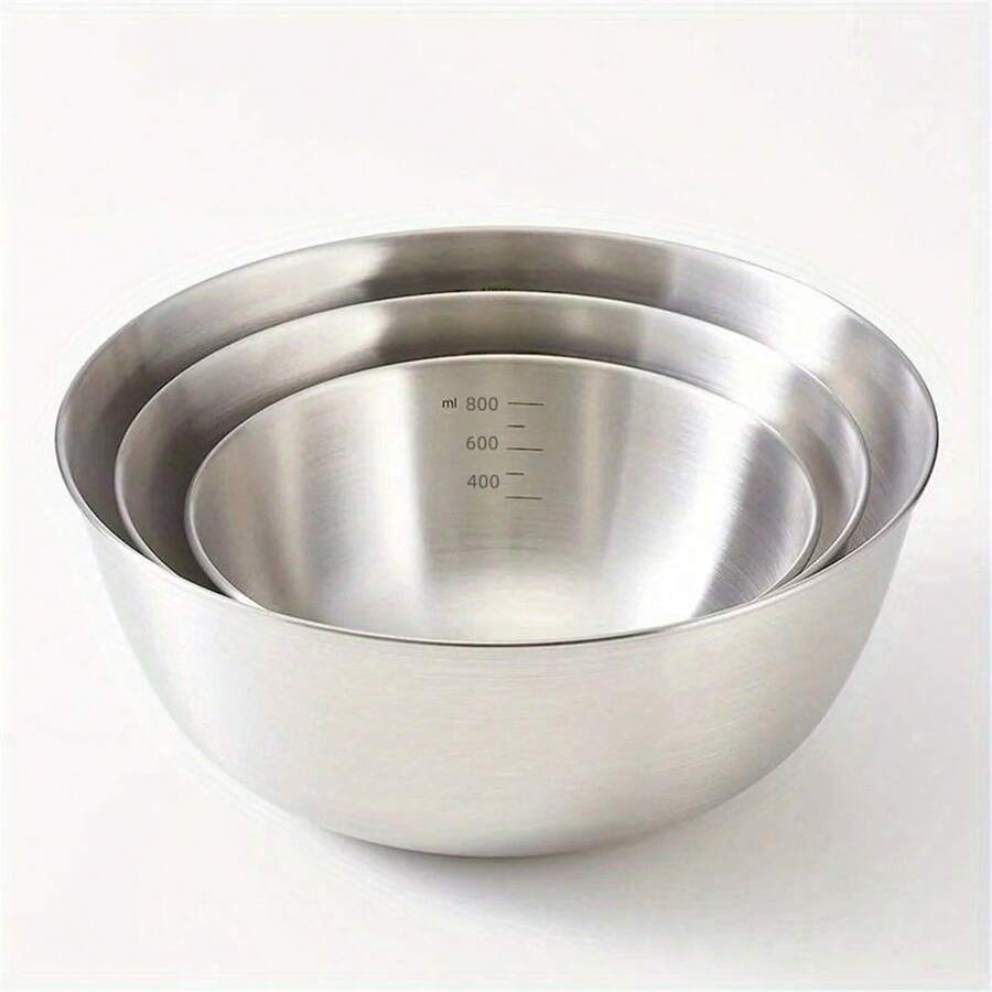 Bộ 3 tô trộn bằng thép không gỉ, bề mặt mạ kim loại, dùng được trong lò vi sóng, hình tròn, thích hợp để chuẩn bị và bảo quản thực phẩm trong nhà bếp, tuyệt vời cho tiệc nướng và nấu ăn ngoài trời.