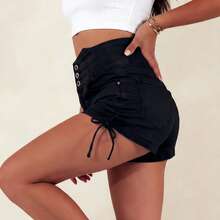 Women's Shorts Color Cloth High Waist Rope Short With Buttons Fashion Summer Leisure Solid Color Pocket Daily - Black - View 2