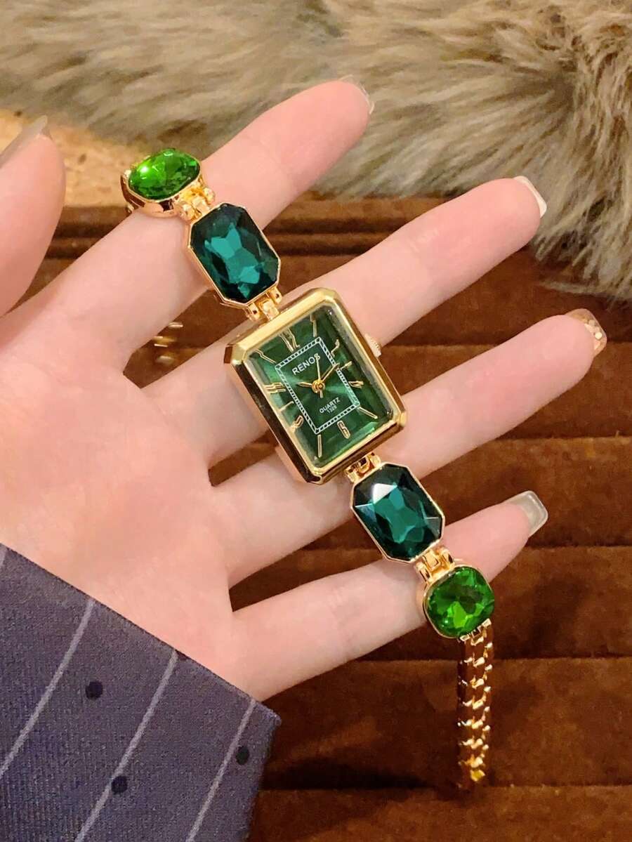 1pc Fashion Shiny Women's Square Quartz Watch, Casual Versatile, Suitable For Daily Wear, Available In Pink/Gold/Black - 綠色 - 查看 1