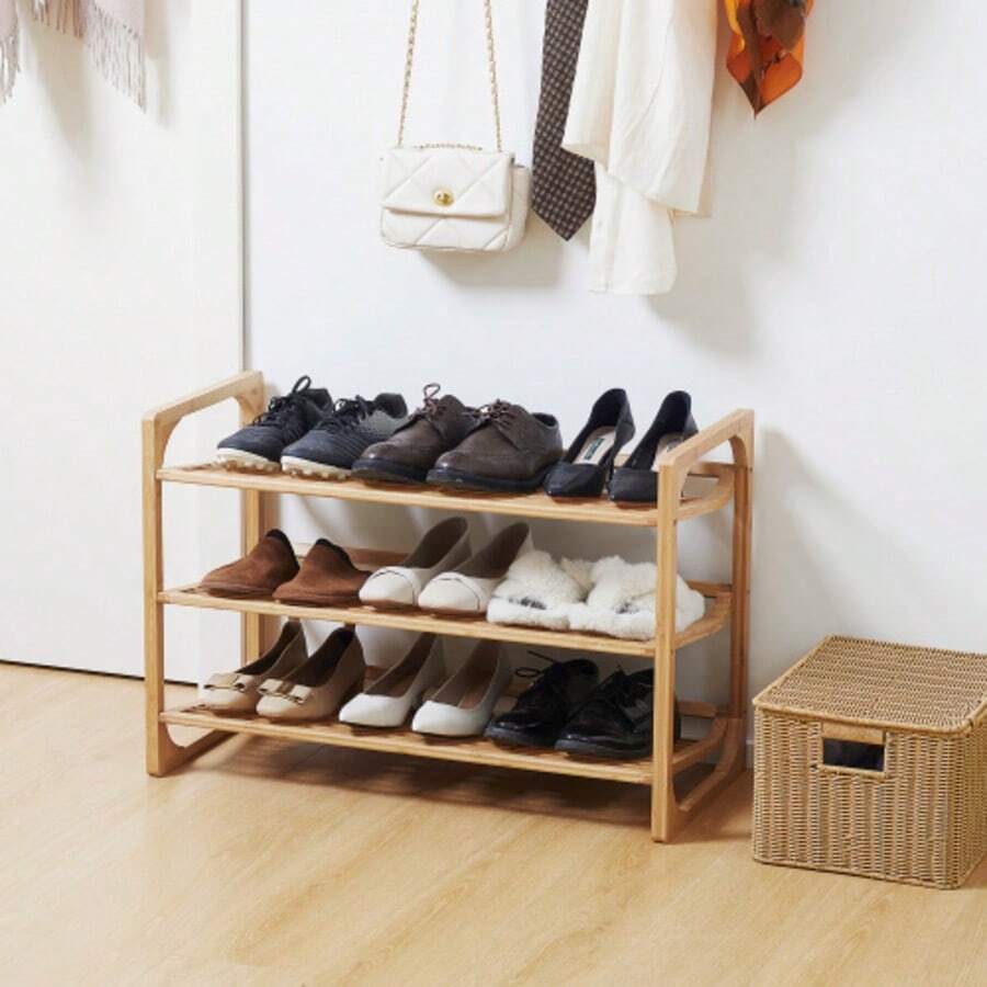 Shoe Rack, Shoe Organizer, 3-Tier Shoe Rack With Handle For Up To 9 Pairs Of Shoes, Bamboo, 76 X 33 X 51 Cm, Natural