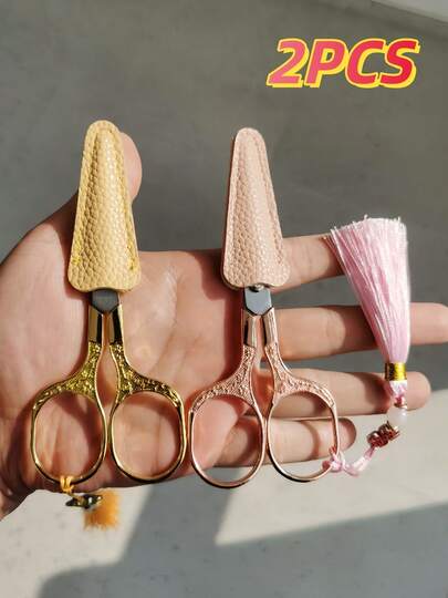 2pcs Stainless Steel Scissors With Leather Scissors Sheath-Ergonomic Handle, Sharp Blades For Sewing & Crafting, Durable Office Use, Decorative Tassel Design&Includes Case, Durable Constructio