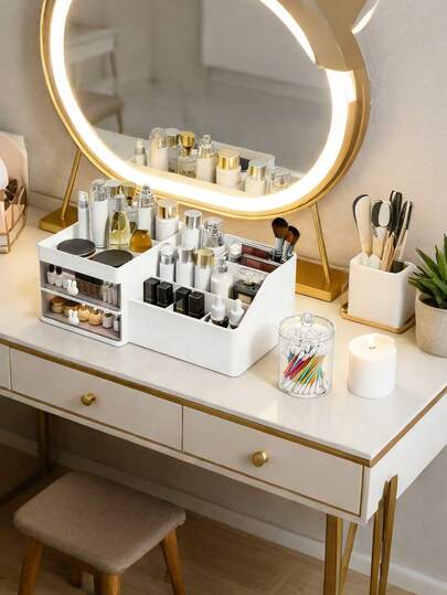 1/2-dels lådförvaring och sortering i början av skolsäsongen, skiljeväggsförvaring, multifunktionell kosmetikaförvaringslåda, skrivbordsförvaringsställ, heminredningstillbehör, sminkborstar, parfym, smycken, hudvårdsprodukter, nagelvårdsorganisatörer är lämpliga för badrumsskåp, sängbord, byråer, kontorsskrivbord, kvinnliga presenter, skolmaterial, smycken etc.