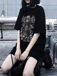 New Summer Z-Gen Y2K Style Women's Graphic Print Crew Neck Short Sleeve T-Shirt - Black - View 1