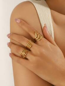 Wide Gold Ring Set - Flowing Wave + Multi-Layer Plain Rings + Interwoven Line Rings, Versatile Street Style Stacking Jewelry For Women - Gold - View 5