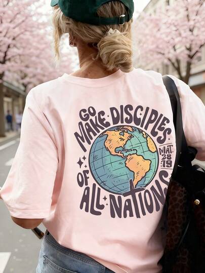 New Summer Women Simple Colorful Letter Earth Print Round Neck Pink Short Sleeve T-Shirt, Fashionable And Versatile, Suitable For Women's Tops, Holiday Casual And Spring Break Wear.