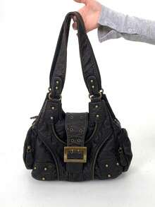 女士时尚街头朋克复古单肩包，大容量Y2K辣妹机车手提包，纯素皮革城市通勤包，可拆卸肩带斜挎包，适合日常使用和聚会，是完美的节日礼物 - 黑色 - 查看 9