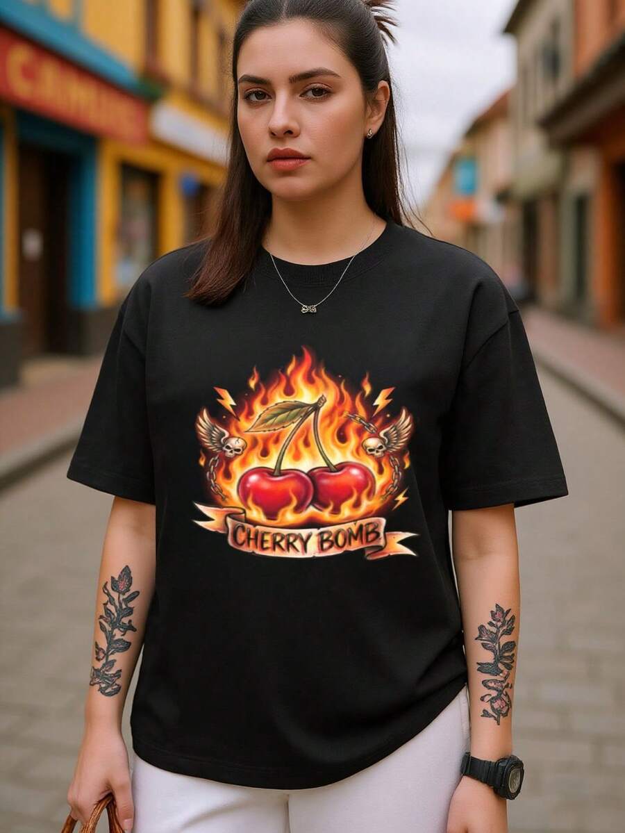 2026 Camisetas de mujer de algodón, estampado de cerezas en llamas de inspiración mexicana, camiseta de manga corta cómoda para actividades deportivas - Negro - Ver 1