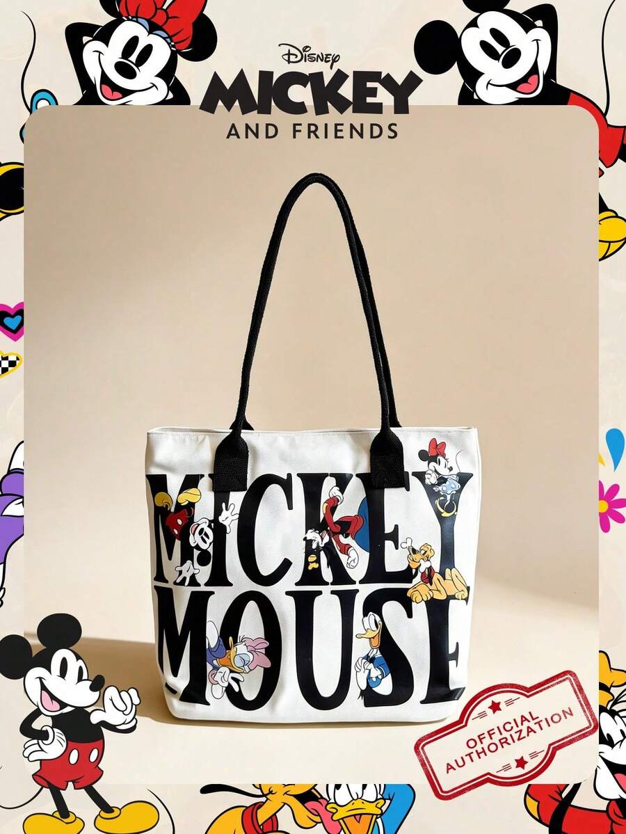 Disney 1 Túi đeo vai bằng vải canvas in hình chuột Mickey, dung tích lớn, có khóa kéo, thích hợp cho nam/nữ, bé gái và học sinh sử dụng hàng ngày/đi chơi/nghỉ mát. - trắng - Xem 1
