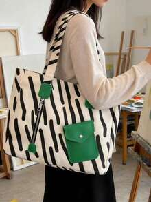 1个字母贴布纯色大容量灯芯绒手提袋，多口袋购物袋，母亲节礼物，可折叠书包/工作包/旅行包，适合女大学生/高中生/初中生、白领上班族、户外旅行 - 白色 - 查看 5