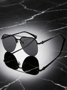 新款时尚金属半框双梁飞行员太阳镜，男女通用，提供遮阳和紫外线防护 - 黑色 - 查看 8