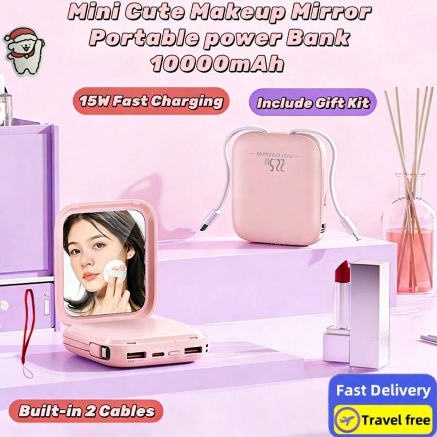 Sạc dự phòng mini 2 trong 1 tích hợp cáp tiện dụng, dung lượng 10000mAh, sạc nhanh 15W, kèm gương trang điểm, tiện lợi khi đi du lịch, bộ quà tặng Valentine kèm theo. - Hồng - Xem 1