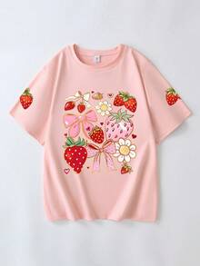 Damen Große Größen Mode kreative Erdbeere Schleife Muster Rundhals T-Shirt, geeignet für Sommerurlaub, Strand, Frühlingsferien, Valentinstag, Muttertag Geschenk, Pink Lässig - Pink - Übersicht 8