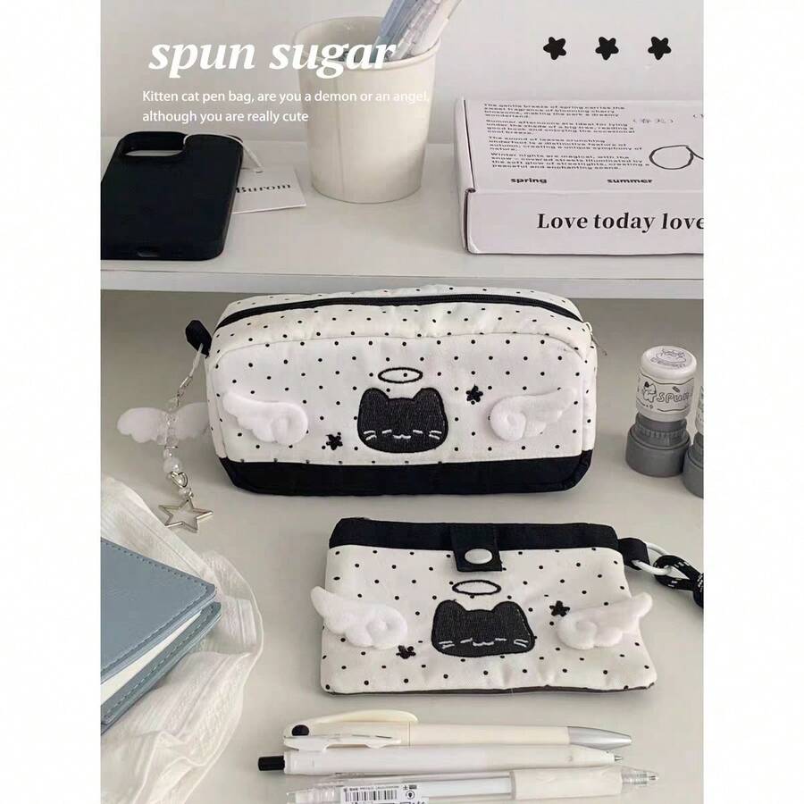 1pc Angel & Devil Polka Dot Cat Design High-Capacity Student Stationery Pouch, Pencil Case, Card Holder - Multicolor - View 1