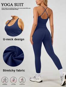 一套女士弹力吊带交叉露背弹力吊带背心和紧身裤运动服套装 - 藍色 - 查看 1