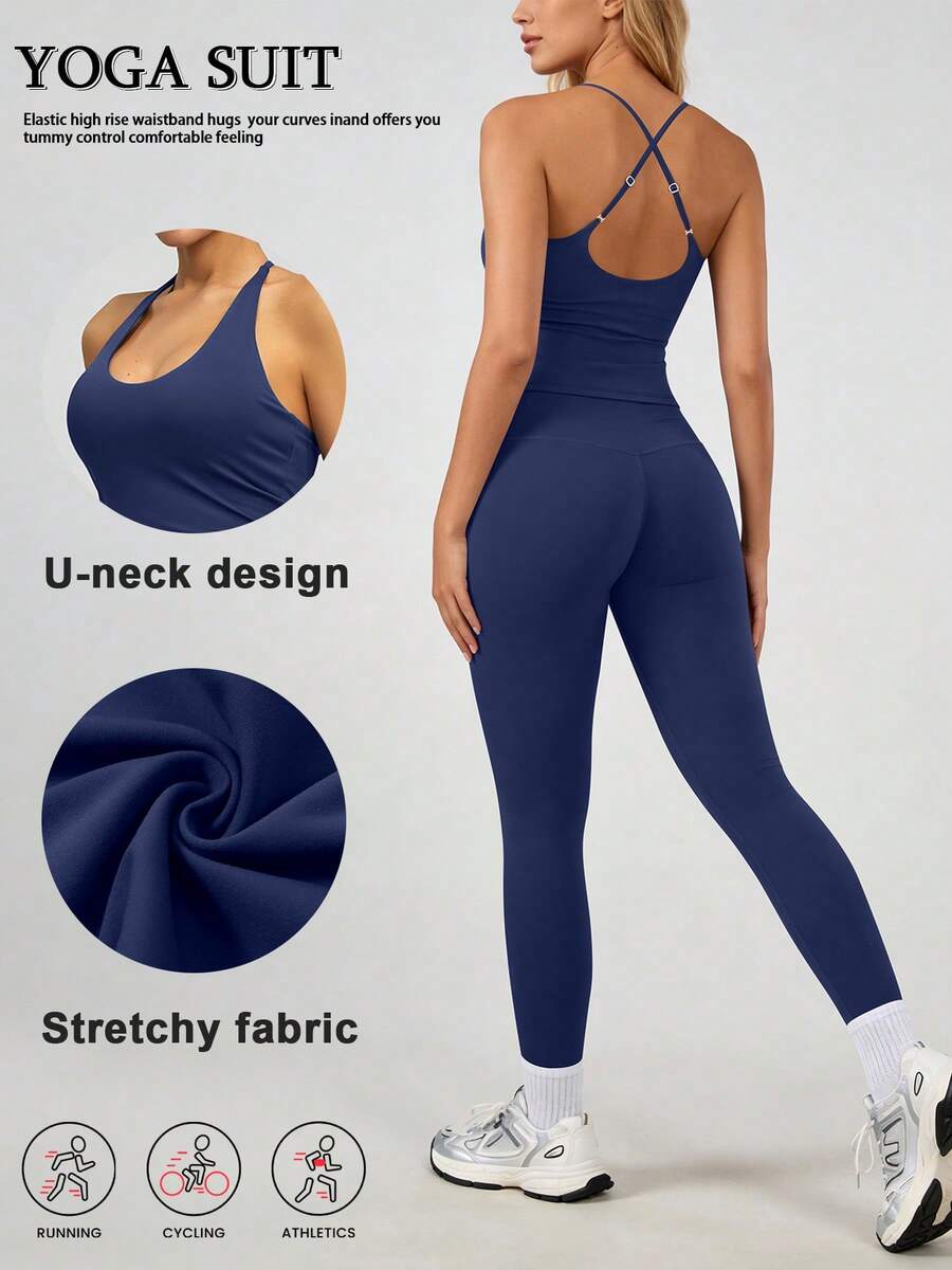 一套女士弹力吊带交叉露背弹力吊带背心和紧身裤运动服套装 - 藍色 - 查看 1