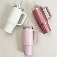 STANLEYO Stylish Multi-Color Insulated Travel Tumbler – Glossy White / Metallic Rose Gold / Shimmer Blush Pink – Double-Wall Stainless Steel Cup With Handle & Metal Straw, Leak-Proof Reusable For Coffee, Tea & Smoothies | Ideal Gift For Christmas, Halloween & More For Family & Friends - 彩色 - 查看 4