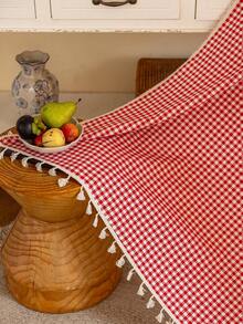 1 pieza Cortina de cuadros rojos bohemios, patrón de cuadros geométricos, decoración con flecos, cortina transparente con bolsillo para barra, cortina divisoria de habitación, cortina corta para cocina, lavable, adecuada para dormitorio, sala de estar, comedor, estilo rústico, decoración de habitación, decoración para fiestas y temas, todo el año, primavera/verano - Rojo y blanco - Ver 6