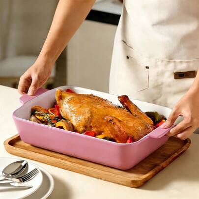 1 个 13.5 英寸长方形粉色陶瓷烤盘，适用于砂锅菜、千层面、蛋糕、节日聚会和日常厨房使用
