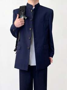 El Uniforme Tradicional Japonés Gakuran | Conjunto Completo de Etiqueta Escolar para Chicos, Inspirado en la Iconica Chaqueta de Cuello Alto - Traje azul marino (chaqueta de solapa + pantalón) sin insignias - Ver 3