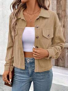 2025 Autumn/Winter Korean-Style Warm And Fashionable Coat, Corduroy Coat That Is Versatile And Suitable Daily Wear, Elegant Appearance,Laid-Back Look - 杏色 - 查看 3