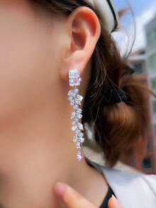 1 Pair Glittering Cubic Zirconia Long Leaf Fringe Dangling Drop Earrings, Silver Plated CZ Wedding Jewelry For Women, Bridal, Engagement, Banquet, Pageant, Party, Prom, Brides, Bridesmaids, Wife, Girlfriends Gift - White - View 9