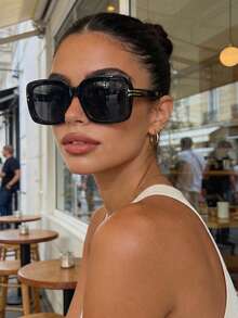 男女款复古超大方形太阳镜，经典塑料镜框时尚眼镜，适合脸型较大的人士，夏季度假必备复古太阳镜，适合海滩旅行、驾驶和日常佩戴 - 黑色 - 查看 1