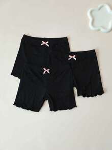 3 Pairs Kids Basic Ruffle Trim Bow Thin Opaque Tights, Cute & Sweet