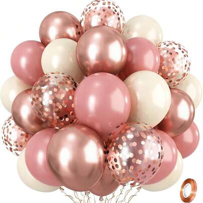 10-Inch Vintage Light Pink, Beige, White Balloons With Rose Gold Metallic Confetti Latex Balloon Set, Suitable For Girls, Ladies Birthday, Baby Shower, Wedding Party Decoration