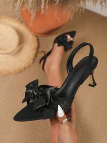 Giày sandal cao gót mũi nhọn, phối ren lưới, thắt nơ, thời trang dự tiệc dành cho nữ, kiểu dáng slip-on, thoải mái, cao cấp, thích hợp cho mùa xuân/hè, đa năng, thanh lịch, phù hợp cho các buổi tụ họp ngoài trời và tiệc chiêu đãi. - màu đen - Xem 2