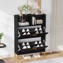 Shoe Cabinet With 4 Lower Folding Doors, 8 Shoe Compartments, 4 Semi-Open Side Panels, Living Room Style, Raised Table Leg Design, MDF + Metal - Black - View 4