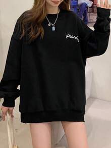 Women's Letter Print Loose Fit Crew Neck Long Sleeve Sweatshirt - Black - View 5