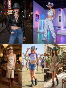 1顶炫彩黑色牛仔帽，面料反射彩虹光泽，未来感十足的宽檐设计修饰脸型，适合音乐节、派对、日常佩戴。 - 禮帽 - 查看 12