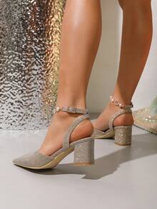 春季新款时尚女式尖头情人节高跟鞋，镂空粗跟金色亮片珍珠休闲舒适浅口鞋 - 金色 - 查看 3