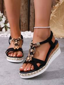 女士夏季新款波西米亚风串珠坡跟厚底凉鞋 - 黑色 - 查看 5
