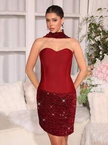 Nouvelle robe mini moulante sexy à plis et paillettes, style européen et américain. Sans bretelles, convient pour les invités de mariage, les fêtes de vacances et les dîners de gala pour femmes. - Rouge foncé - Voir 3