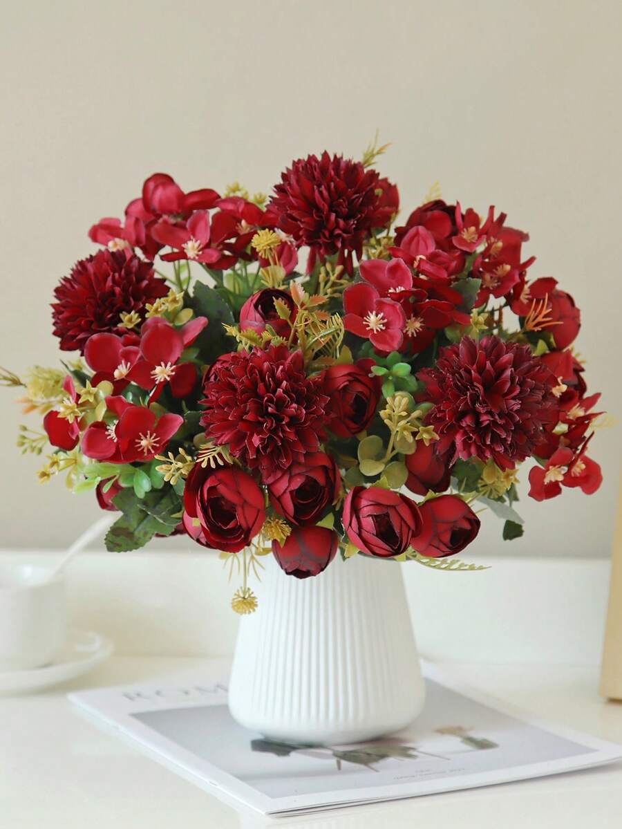 1 Bó hoa hồng giả bằng lụa, kiểu dáng đồng quê, thích hợp trang trí nhà cửa, tiệc cưới, quà tặng ngày Valentine. - Đỏ - Xem 1