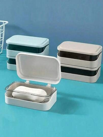 1pc Rectangular Plastic Soap Dish With Cover, Portable Soap Box, Bathroom Drainage Soap Tray, Suitable For Toilet, Bathroom And Travel Soap Storage Box, Bathroom Accessories, Home Bathroom Decor, Autumn Decor, Back To School Decor