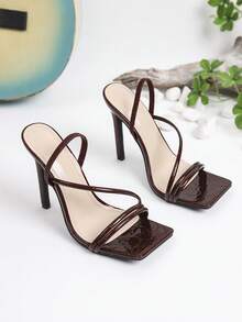 1 Pair Solid Color PU Leather High Heel Sandals, Square Toe Stilettos Stilettos For Women, Summer - Burgundy - View 5