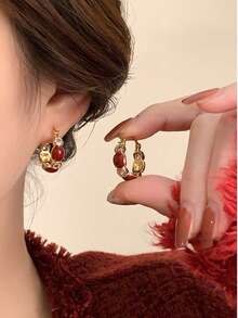 1 Đôi Khuyên Tai Vòng Dễ Thương, Tráng Men, Dày, Kiểu Vòng Ôm Sấu, Khuyên Tai Vòng Bản Lắp, Đính Đá Cubic Zirconia, Không Gây Dị Ứng - men - Xem 1