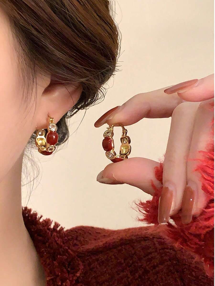 1 Đôi Khuyên Tai Vòng Dễ Thương, Tráng Men, Dày, Kiểu Vòng Ôm Sấu, Khuyên Tai Vòng Bản Lắp, Đính Đá Cubic Zirconia, Không Gây Dị Ứng - men - Xem 1